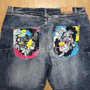 Artful Dodger Vintage Y2K Baggy Loose Jeans 44x36 Wide Leg Embroidered Artwork
